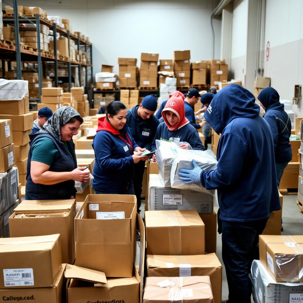 Volunteers in a warehouse sorting relief supplies