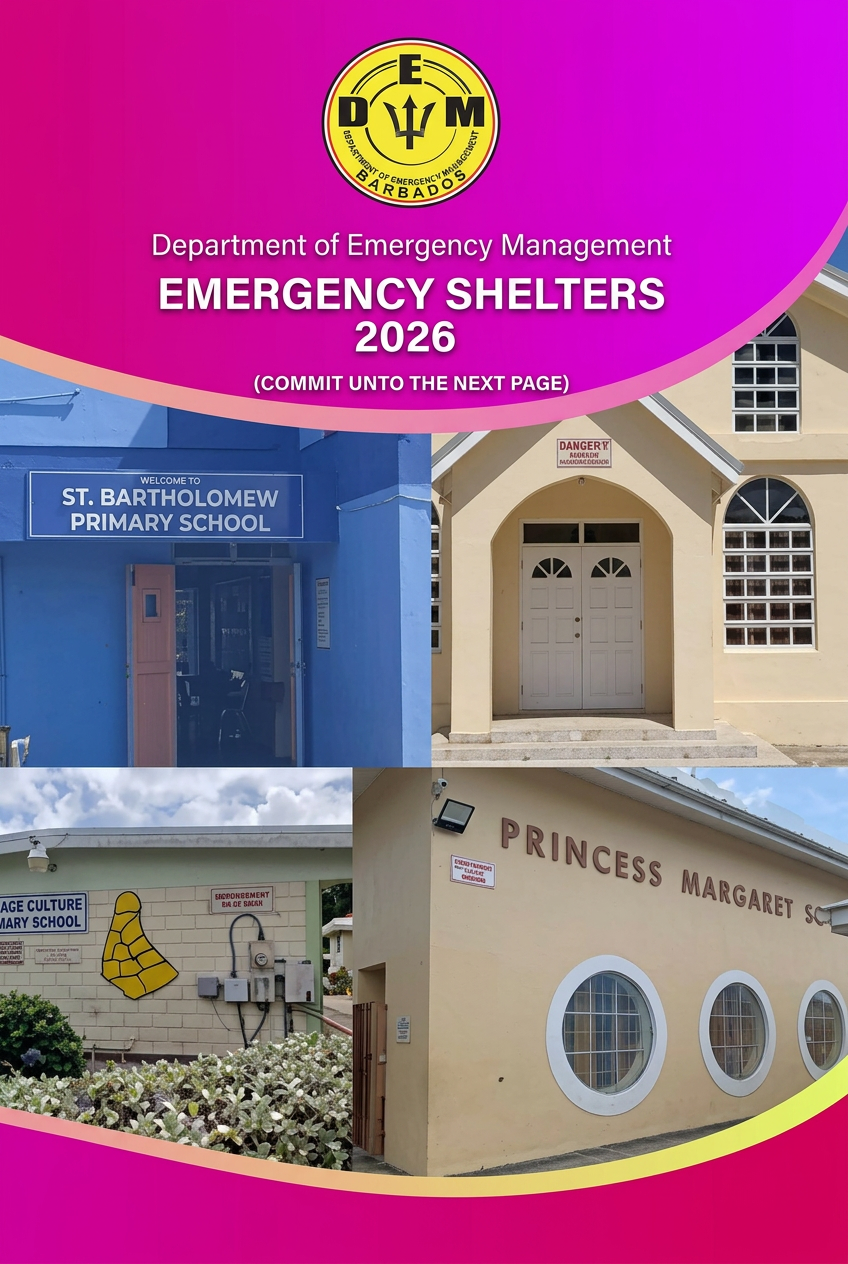 Department of Emergency Management Barbados — Emergency Shelters 2026 cover, featuring photographs of designated Category 1 shelter buildings including St. Bartholomew Primary School and Princess Margaret.