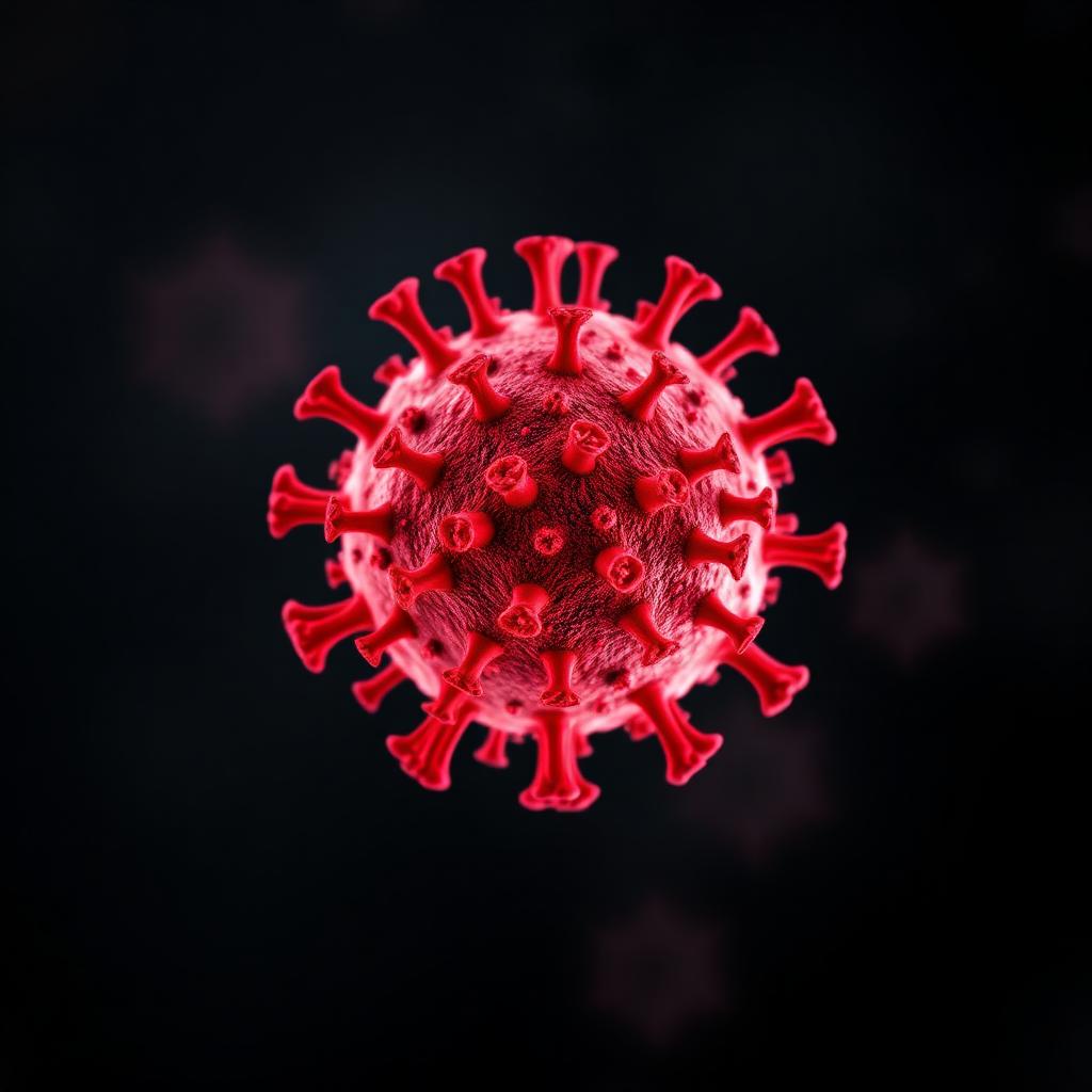 Microscopic 3D render of a red coronavirus particle
